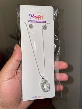 Silver Crystal 'G' Pendant Necklace and Stud Earrings